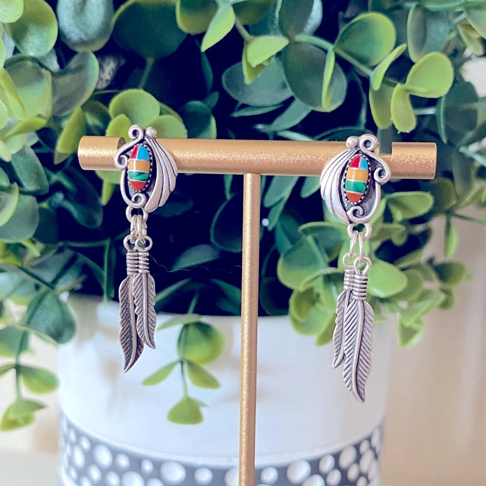 Wheeler Sterling Silver Multi Stone Inlay Feather Dangle Post Earrings Signed WM